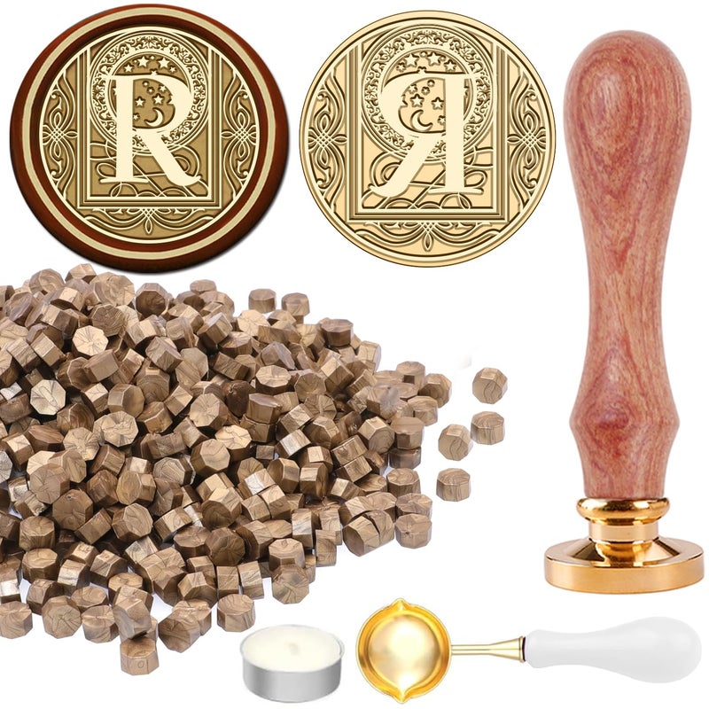 STAMPMASTER Alphabet R Wax Seal Kit Vintage Starry Initial R Sealing Stamp with 120 Antique Gold Wax Seal Beads for Wedding Christmas Envelopes - Image 1